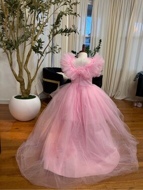 Pink Tulle Ruffled Off-Shoulder Formal Dress for Girls
